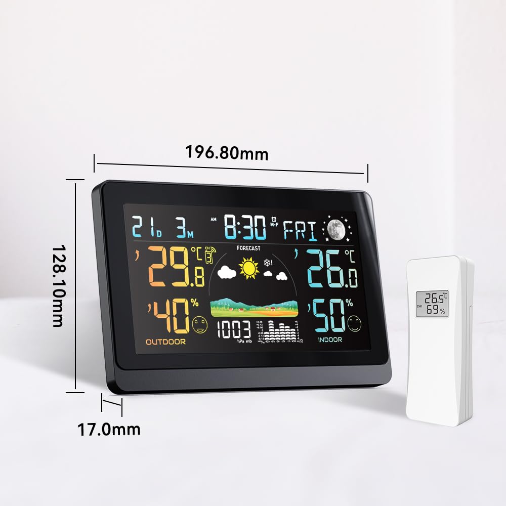 DC Grosse Wetterstation für den Innen- und Aussenbereich, kabellos, Display VA von 7,5 Zoll, Farbe m