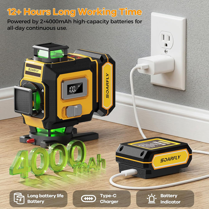 SOARFLY 4D Kreuzlinienlaser mit Stativ, 4×360° Selbstnivellierender Grüner Linienlaser, 2×4000mAh Ak