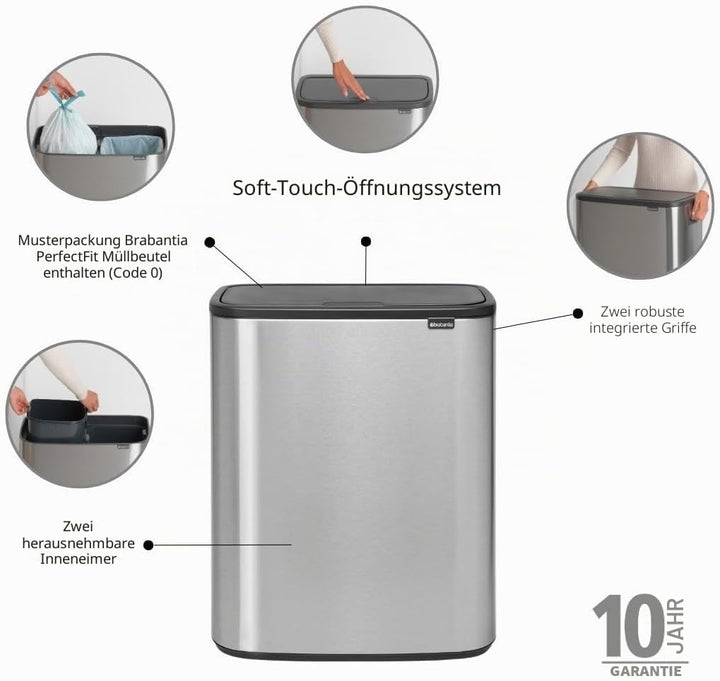 Brabantia Bo Touch Mülleimer — 2 x 30-Liter-Inneneimer (matter Stahl, fingerabdruckfest) Müll-/Recyc