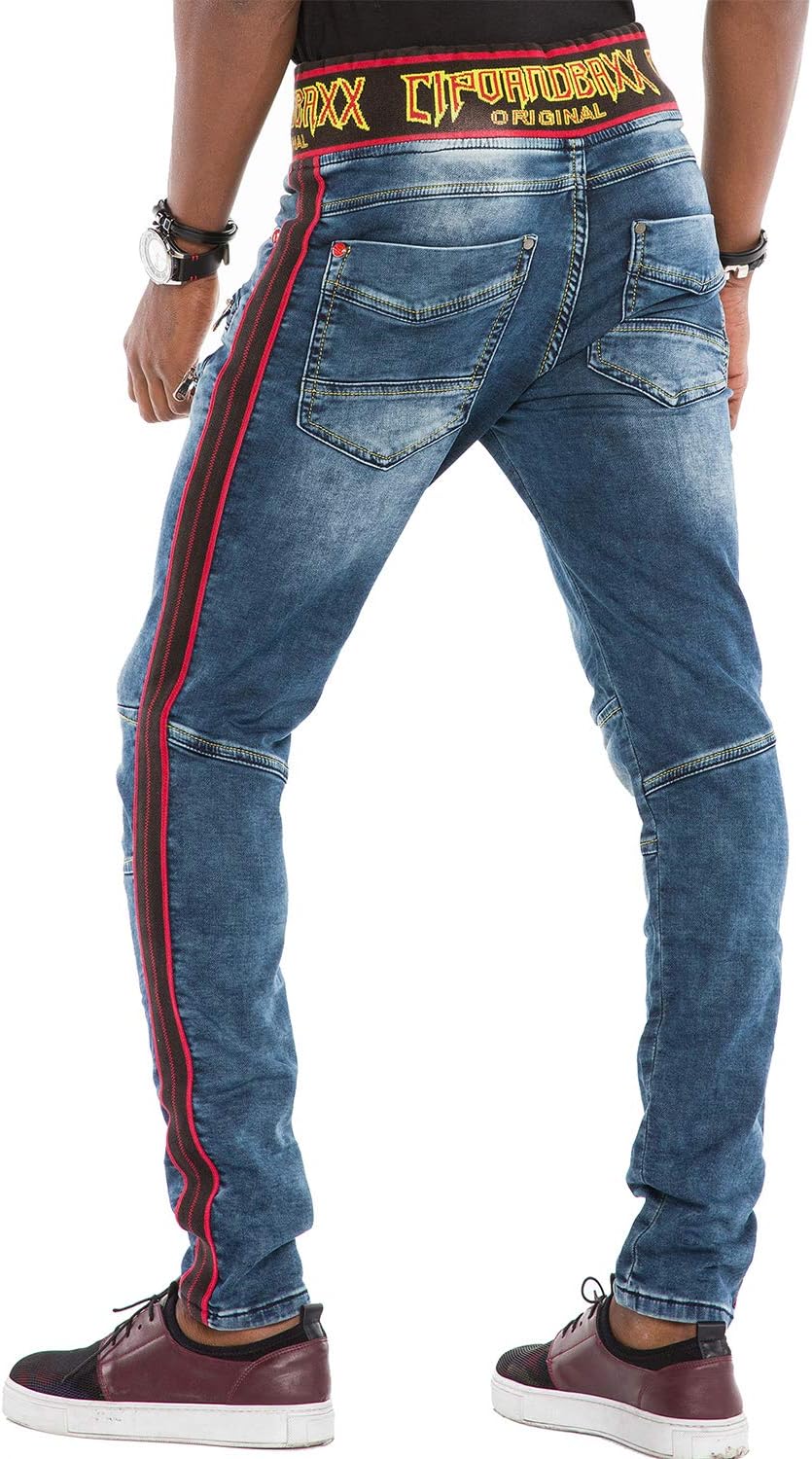 Cipo & Baxx Herren Ausgefallene Jeans Hose Fashion Used Design Pants gestreift mit Gummibund Blau W3