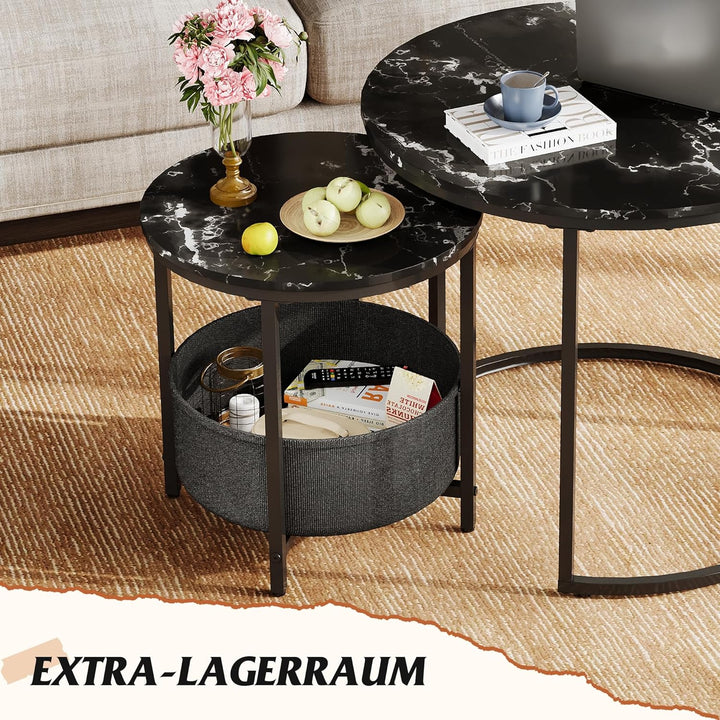 WLIVE Couchtisch Rund mit Stauraum, Beistelltisch Set Schwarz mit Metallrahmen, Wohnzimmertisch klei