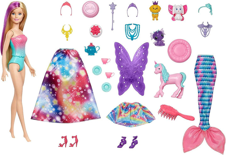 Barbie GJB72 - Dreamtopia Adventskalender: Blonde Puppe, 3 Prinzessinnen-Moden, 10 Accessoires und 1