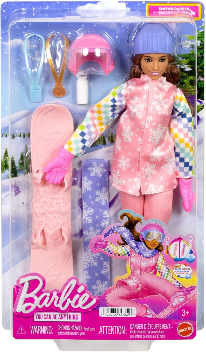 Barbie Karriere Snowboarderin-Puppe mit rosa Schneejacke, Hose und Stiefeln mit über 10 Zubehörteile