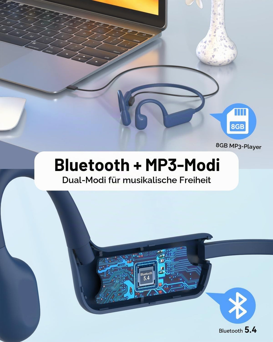 MONODEAL Kopfhörer Schwimmen IP68 wasserdichte Knochenschall Kopfhörer Bluetooth 5.4, Bone Conductio