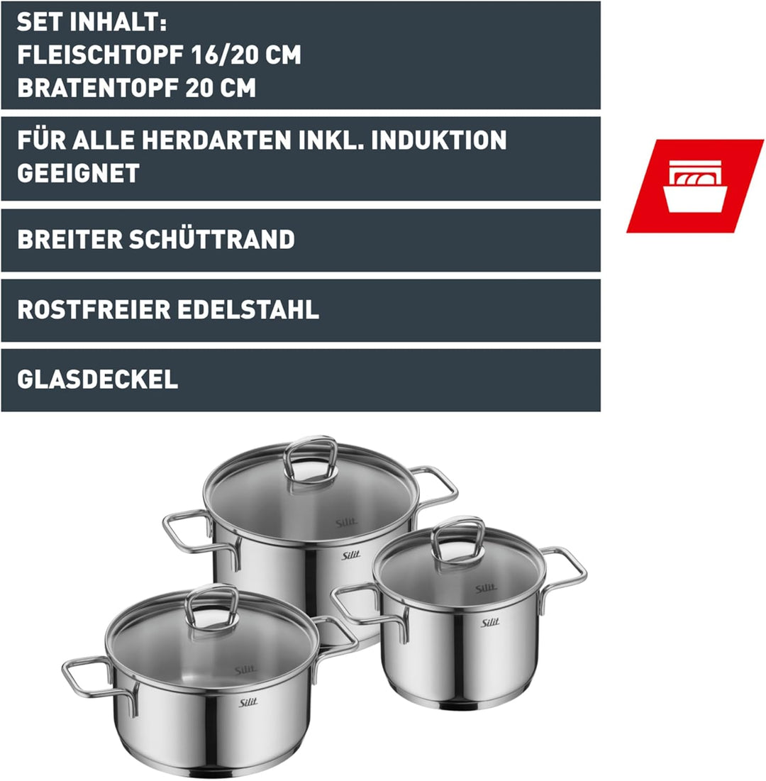 Silit Alicante Topfset Induktion 3-teilig, Kochtopf Set mit Glasdeckel, Schüttrand, Edelstahl hochgl