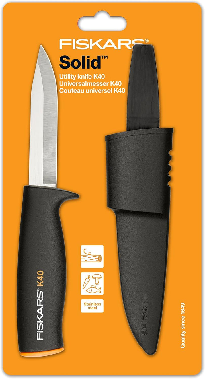 Fiskars Universalmesser, Inklusive Köcher zum sicheren Verstauen, Länge: 22,5 cm, Schwarz/Orange, K4