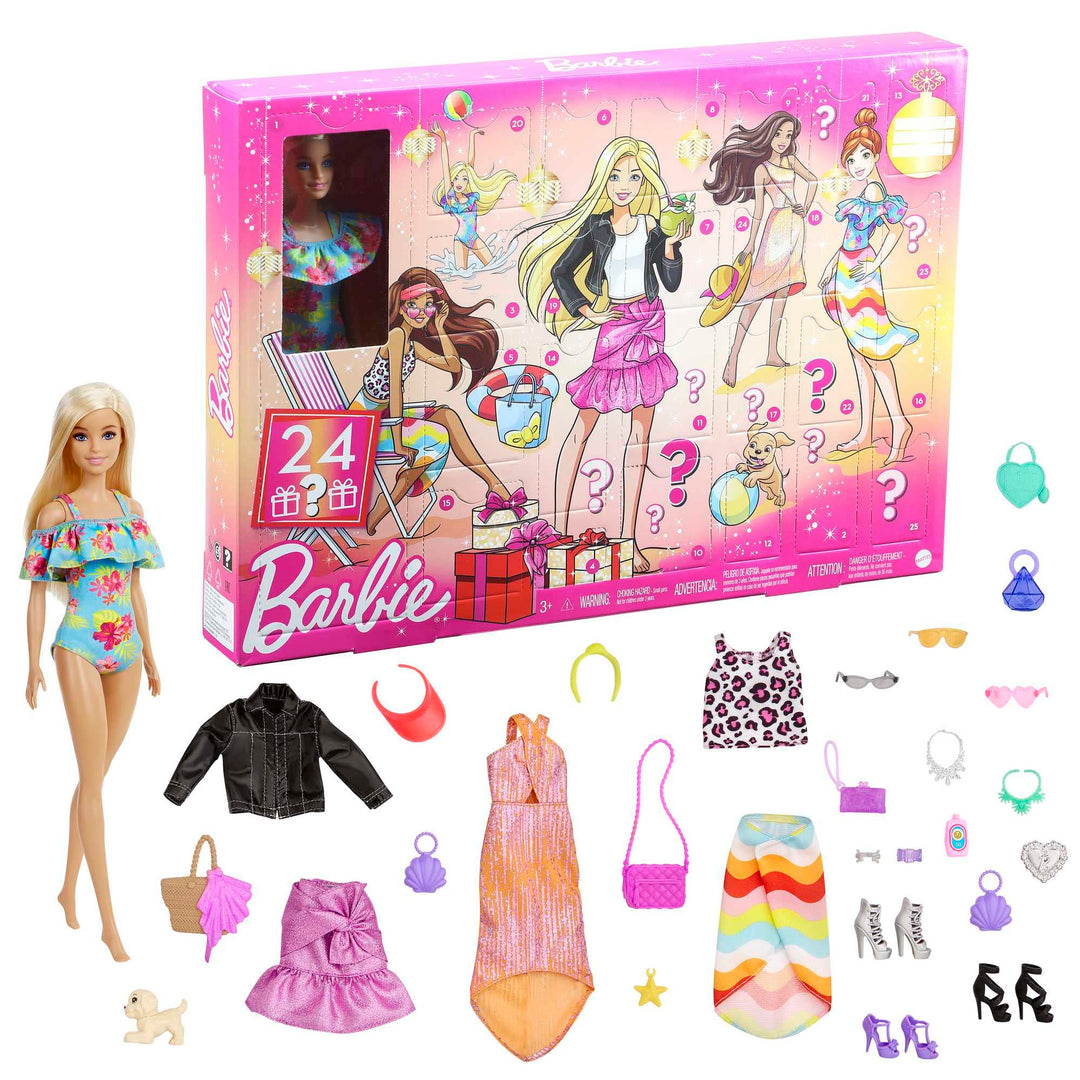 BARBIE Adventskalender mit einer Barbie Puppe (30,4cm), 24 Überraschungen, mit trendiger Kleidung un