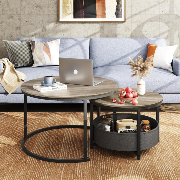WLIVE Runder Couchtisch 2er Set, Moderne Wohnzimmertisch Rund, Beistelltisch mit Korb aus Stoff, 80