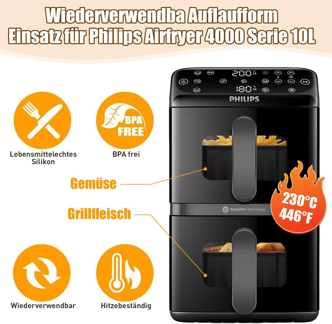 Heissluftfritteuse Zubehör für Philips Airfryer 4000 Series Stacked Dual Basket 10L, 2PCS Silikonfor