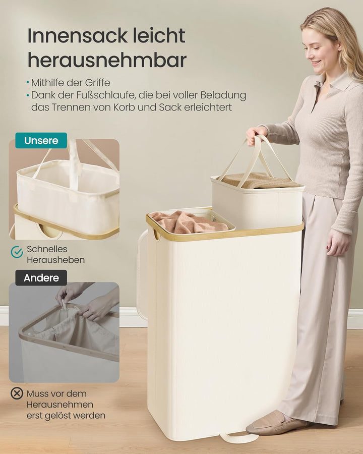 SONGMICS Wäschekorb mit Deckel, Wäschesammler, Wäschesortierer, Wäschetonne, Wäschesack herausnehmba