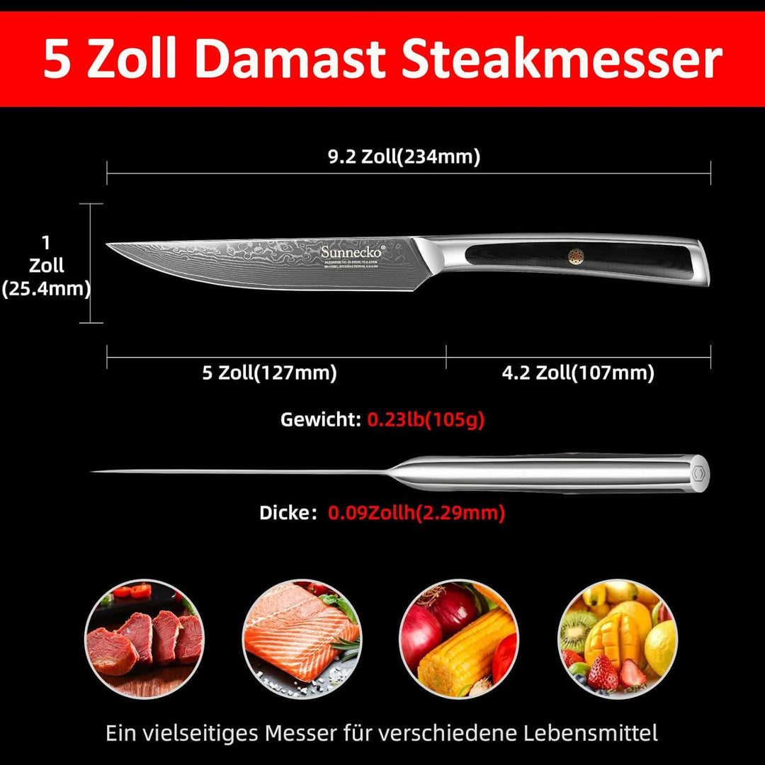 Sunnecko 12,7cm Damast Steakmesser - Profi Damastmesser Damastmesser Scharf Messer mit Ergonomischer