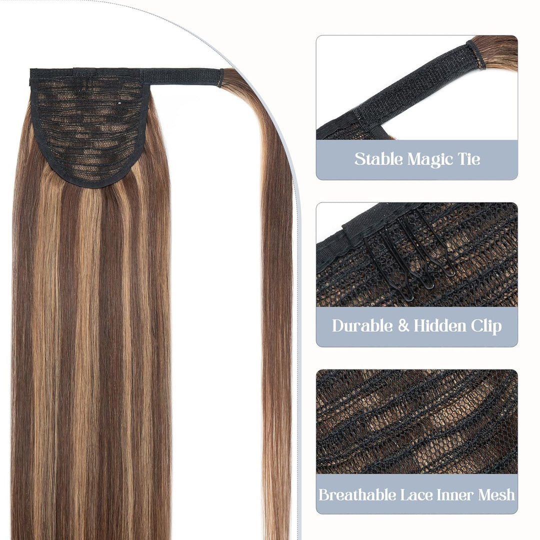 Rich Choices Pferdeschwanz Haarteil Echthaar Extensions Ponytail Extension mit Klettband 40cm #4/27
