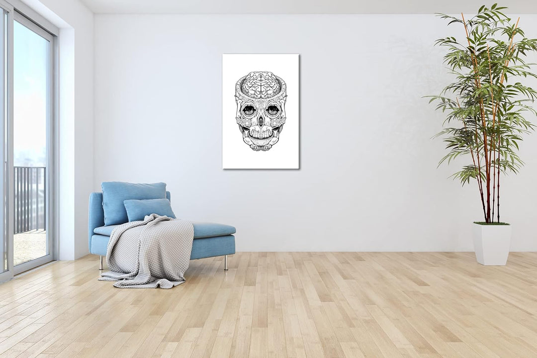 deyoli Schädel Zeichnung Format: 80x60 als Leinwandbild, Motiv fertig gerahmt auf Echtholzrahmen, Ho