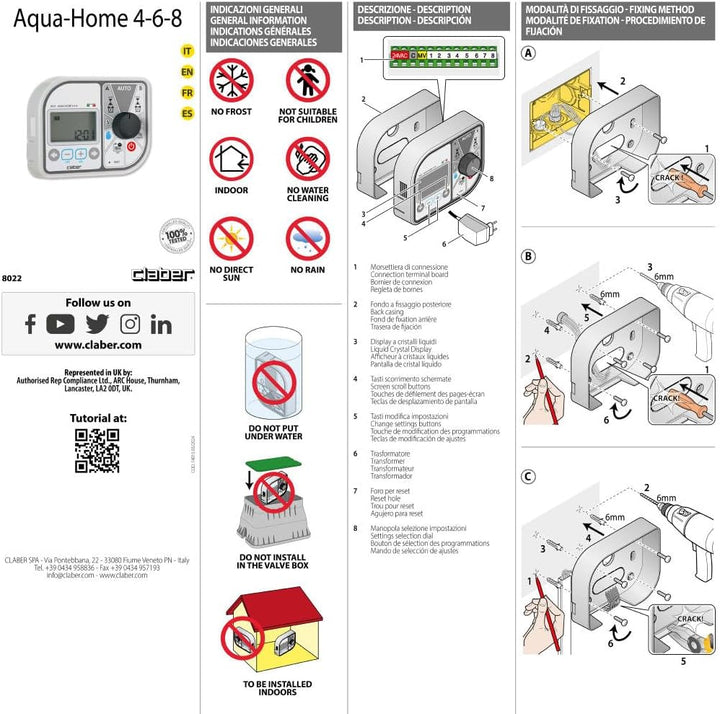 Claber Aqua-Home 4-6-8, Bewässerungscomputer für 8 Bewässerungskreise Einzelbett, Einzelbett