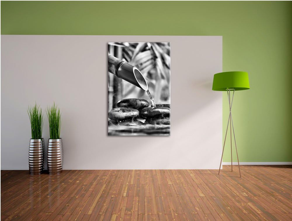 Pixxprint Monocrome, Bambusbrunnen mit Steinen, Format: 100x70 auf Leinwand, 100x70