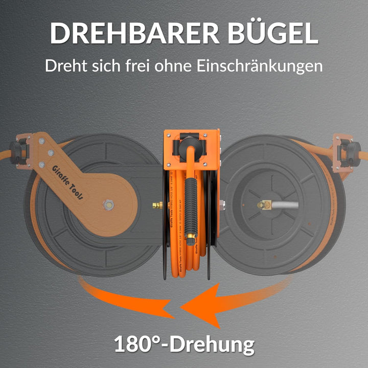 Giraffe Tools Automatik Druckluftschlauchtrommel 15M Plus mit 180° Schwenkbracket, Automatische Aufr