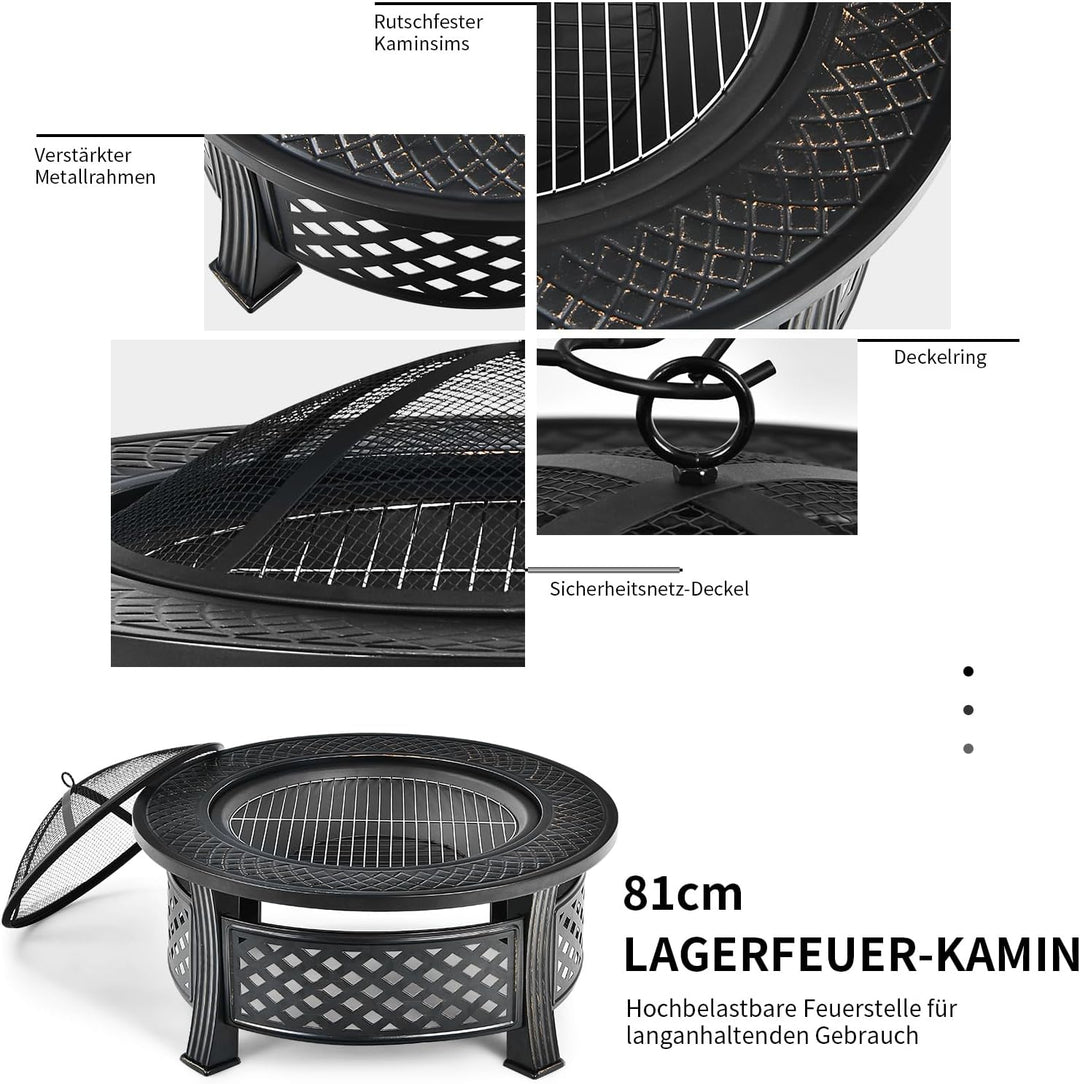 COSTWAY Feuerschale, Feuerstelle mit Grillrost, φ 81cm Feuerkorb mit Funkenschutz, Feuerschale für d