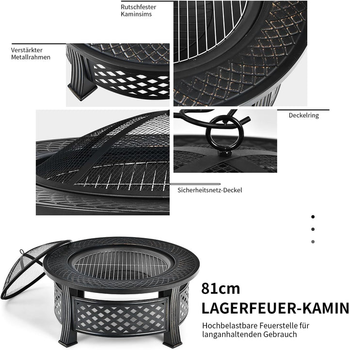 COSTWAY Feuerschale, Feuerstelle mit Grillrost, φ 81cm Feuerkorb mit Funkenschutz, Feuerschale für d