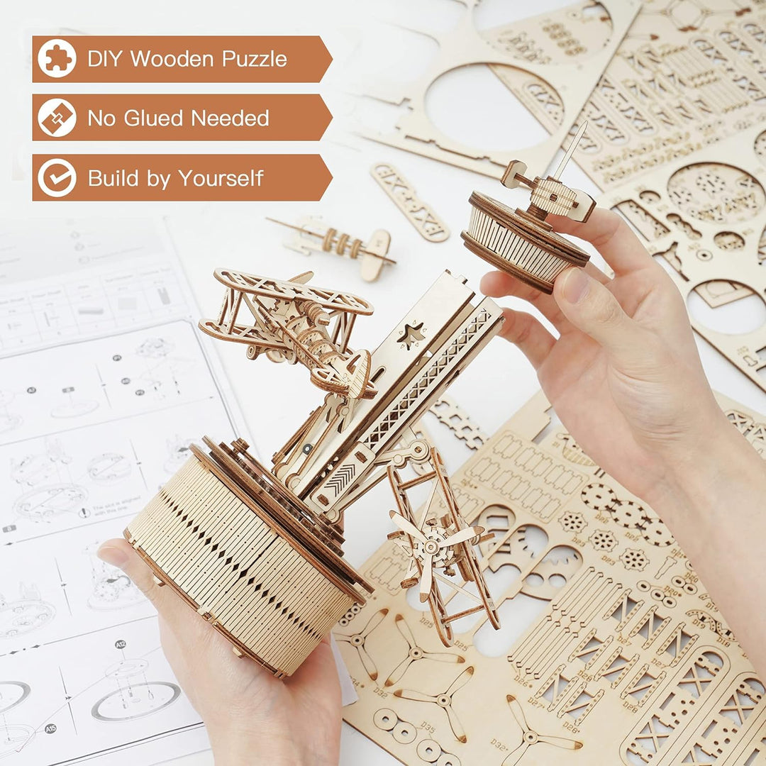 Robotime 3D Holzpuzzle Spieluhr Modellbausatz Mechanische Flugkontrollturm Holz Bastelset für Kinder