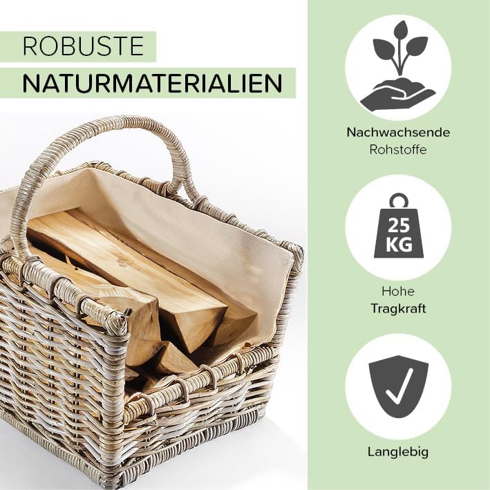 Kobolo Kaminholzkorb Holztrage Holzkorb für Kaminholz Rattan grau mit abnehmbarem, 50x38x33