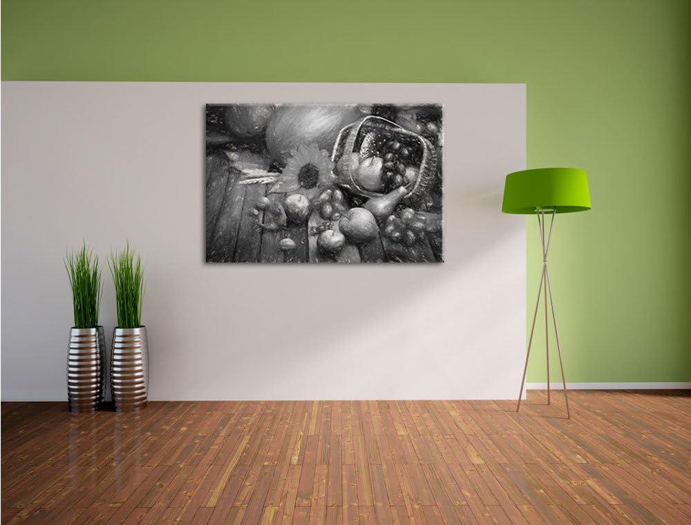 Pixxprint Herbstlicher Obstkorb Kohle Zeichnung Effekt, Format: 100x70 auf Leinwand, XXL riesige Bil