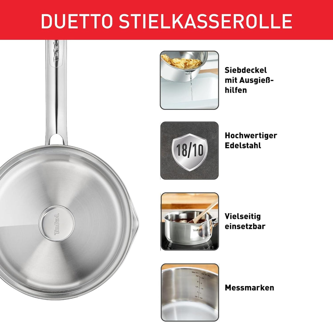 TEFAL DUETTO Stielkasserolle 16cm | A70522 | Edelstahl-Kochgeschirr | mit Siebdeckel und Ausgiesshil