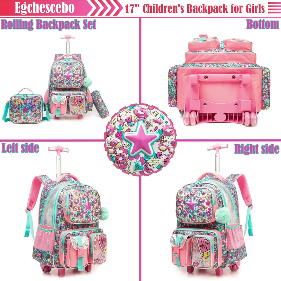 Egchescebo Kinder Rolling Rucksack für Mädchen Pentagramm Koffer Trolley Roller Gepäck Rucksäcke auf