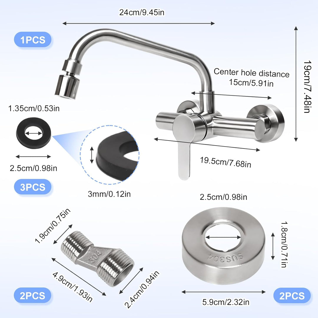 Küchenarmatur 360 ° Drehbar, Edelstahl Wasserhahn Wandmontage mit 2 Strahlarten Mischbatterie Armatu