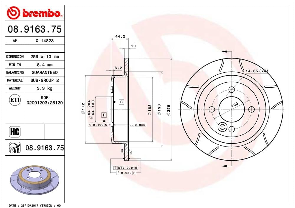 Brembo 08.9163.75 Hintere Bremsscheibe, Anzahl 2