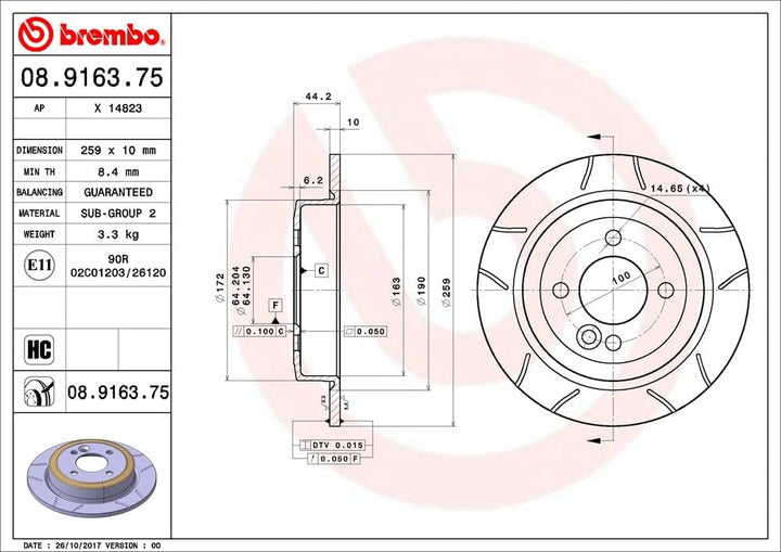 Brembo 08.9163.75 Hintere Bremsscheibe, Anzahl 2