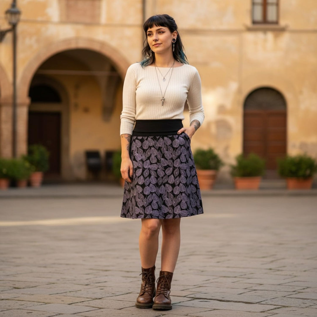 GURU SHOP Minirock aus Bio-Baumwolle, Tellerrock Herbstlaub Print Organic, Damen 36 Schwarz, 36 Schw