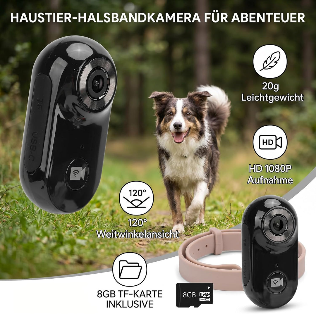 Zerodis Haustierhalsband-Kamera, Mini-Körperkamera mit 8G-Speicherkarte, HD 1080P, Mini-Katze, Hund,