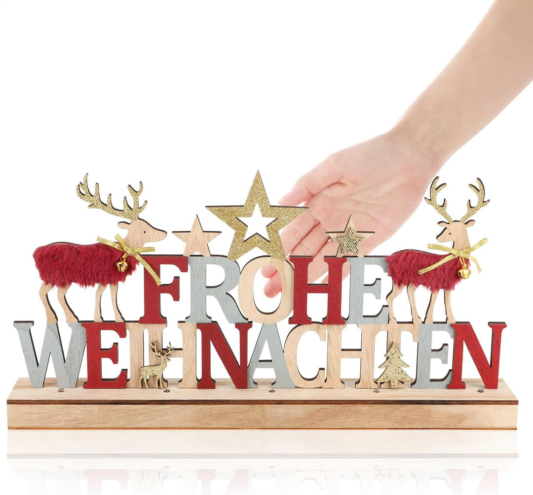 com-four® LED Deko Aufsteller aus Holz - beleuchteter Schriftzug auf Holzsockel - Deko-Schriftzug zu