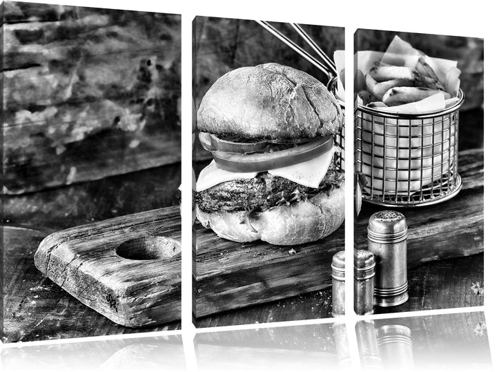 Pixxprint Cheesburger mit Pommes als Leinwandbild/Grösse: 3 Teilig (120x80 cm) cm/Wandbild/Kunstdruc