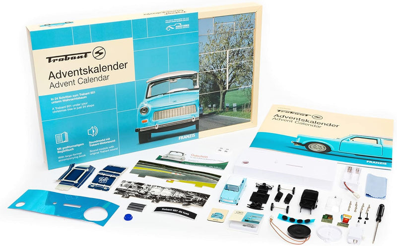 FRANZIS 67115 - Trabant Adventskalender, Metall Modellbausatz im Massstab 1:43, inkl. Soundmodul und