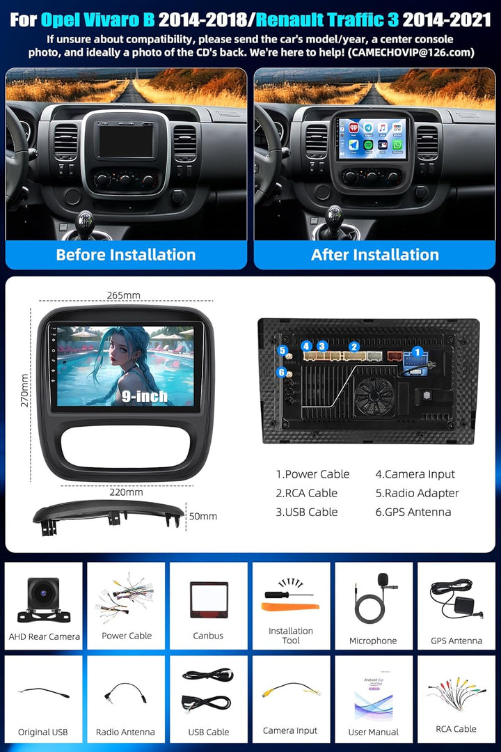 CAMECHO Android 15 Qualcomm 8Core 4+64G Autoradio für Renault Traffic 3 2014-2021/Opel Vivaro B 2014