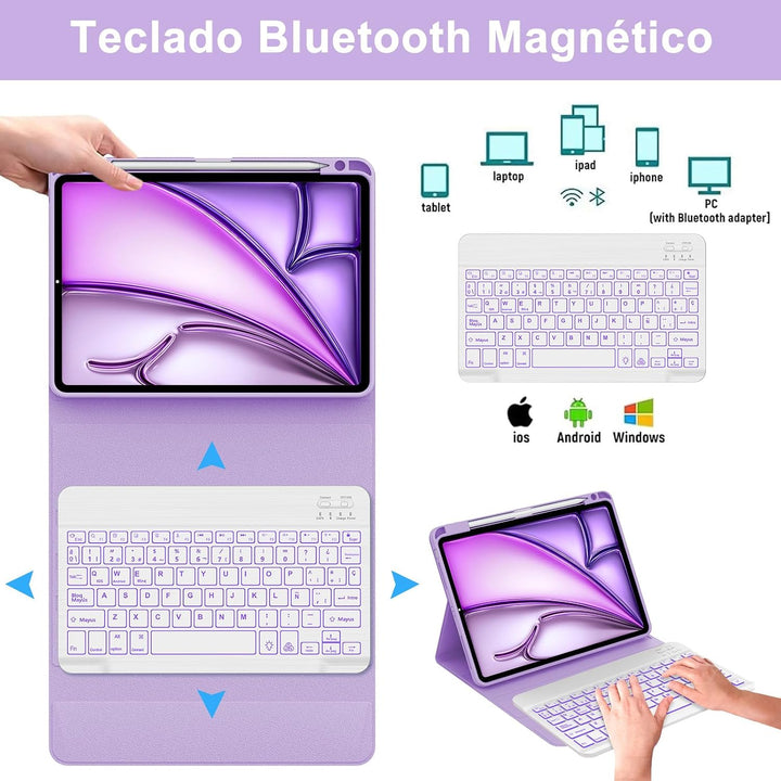 Tastatur für iPad Air 11 M2/M3 2024/2025, Hülle mit spanischem Ñ, Bluetooth-Tastatur mit Hintergrund