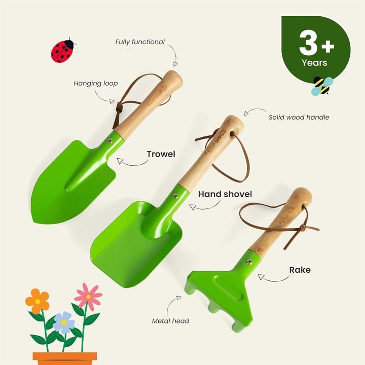 Bigjigs Toys Kids Gardening Tools Set - 3pc Metal Garden Tools Toy Set with Hand Fork, Trowel and Ra