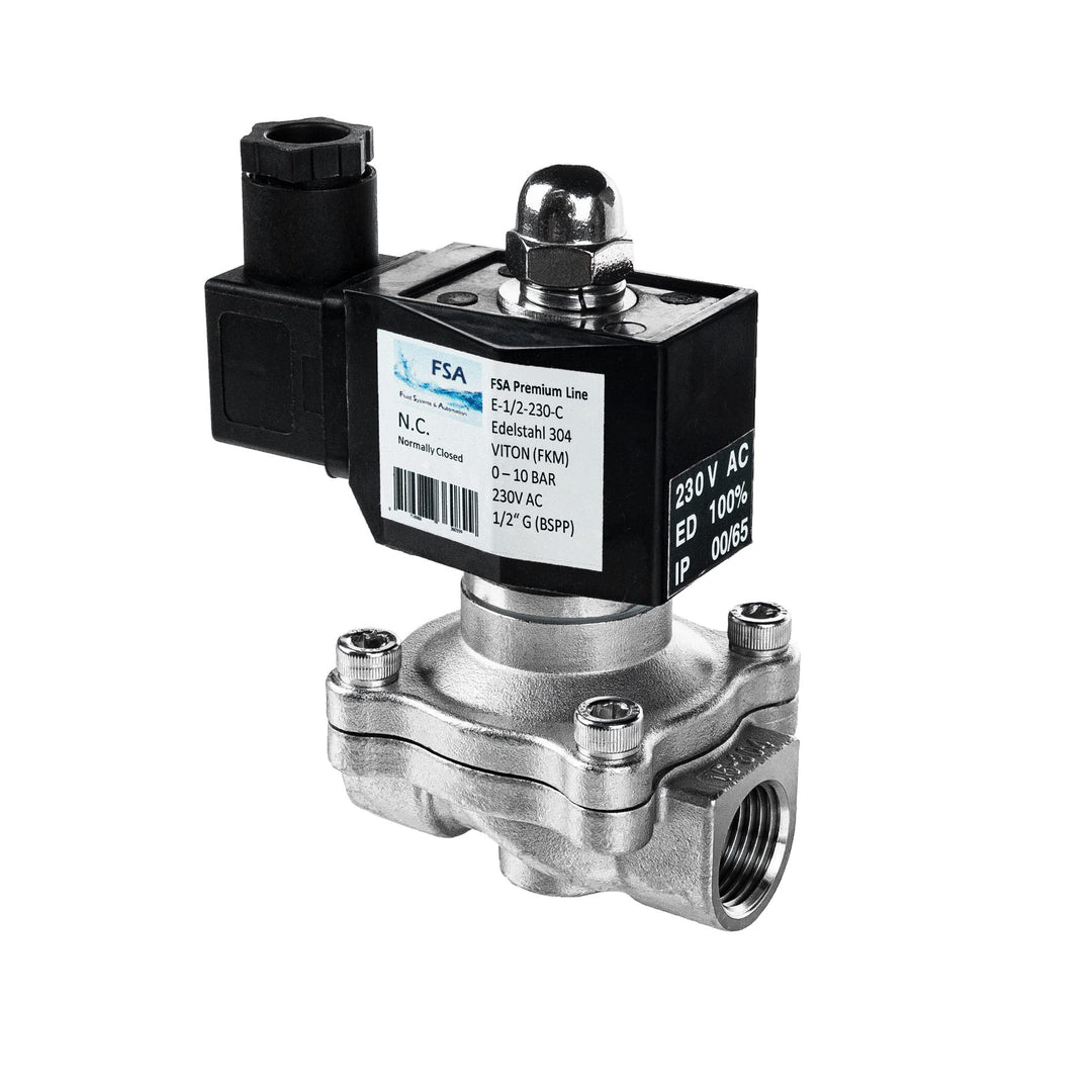 FSA Magnetventil Edelstahl 304 1/2" 230V AC 0-10 bar Viton stromlos geschlossen, 230v Ac