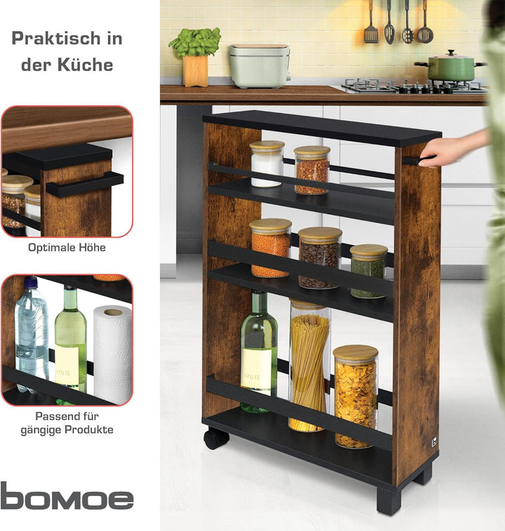 bomoe Nischenregal 15cm breit – Küchenwagen Küchenregal Schmal – Rollwagen Schmal 3 Fächer & Arbeits