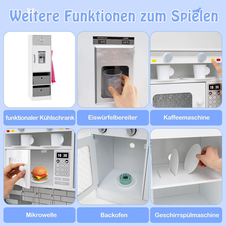 DREAMADE Kinderküche aus Holz mit 18 TLG. Zubehör, Spielküche mit Licht und Sound, Herd, Spüle, Kühl