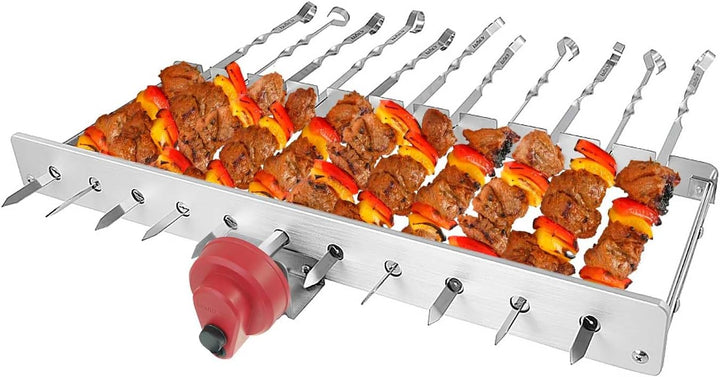 BEM Rambo Grillaufsatz mit Motor inkl. 12 Spiesse + Powerbank, Drehspiesse aus Edelstahl, Schaschlik
