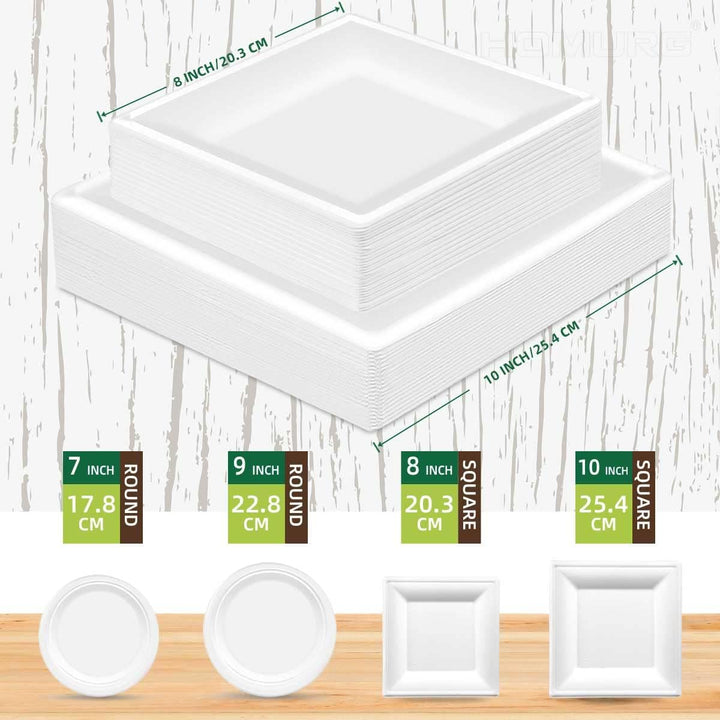 HOMURG Pappteller Eckig und Holz Besteck 30 Set, Robust Partygeschirr mit Einwegteller und Einwegbes