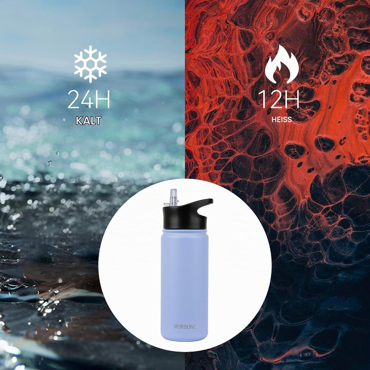 Edelstahl Trinkflasche 500ml (+2 Deckel)-mit Strohhalm,BPA frei,Thermosflasche Auslaufsicher,Kohlens