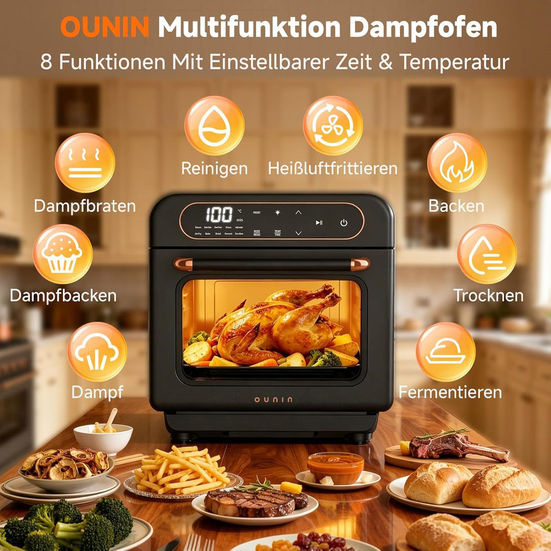 OUNIN 12L Vielseitig Airfryer Backofen, 8-in-1-Heissluftfritteuse, Zweizonen-Kochung, Minibackofen m