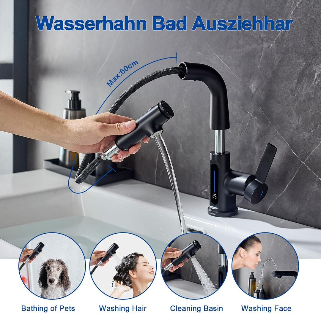 Waschtischarmatur mit LED Temperaturanzeige Ausziehbar Wasserhahn Bad,Einhebelmischer Badarmatur Was
