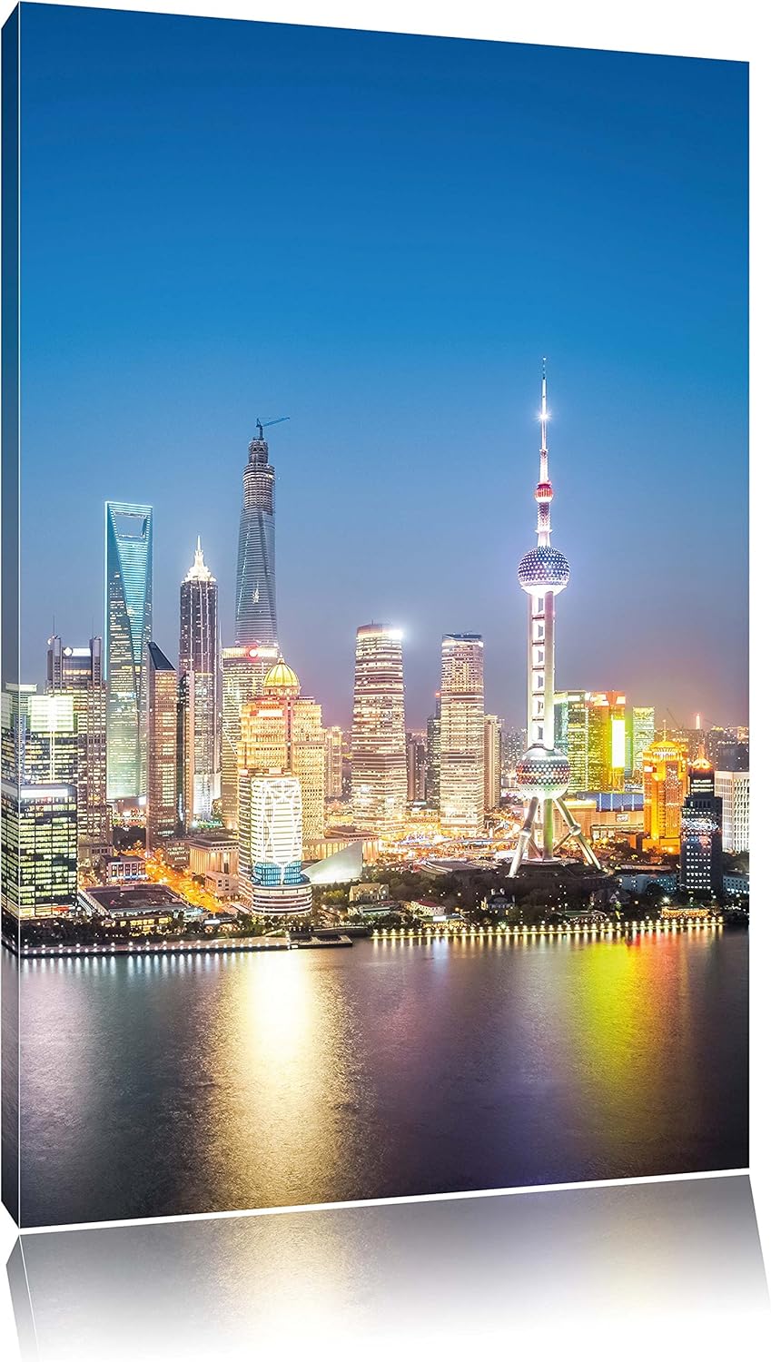 Shanghai Skyline, Format: 100x70 auf Leinwand, XXL riesige Bilder fertig gerahmt mit Keilrahmen, Kun
