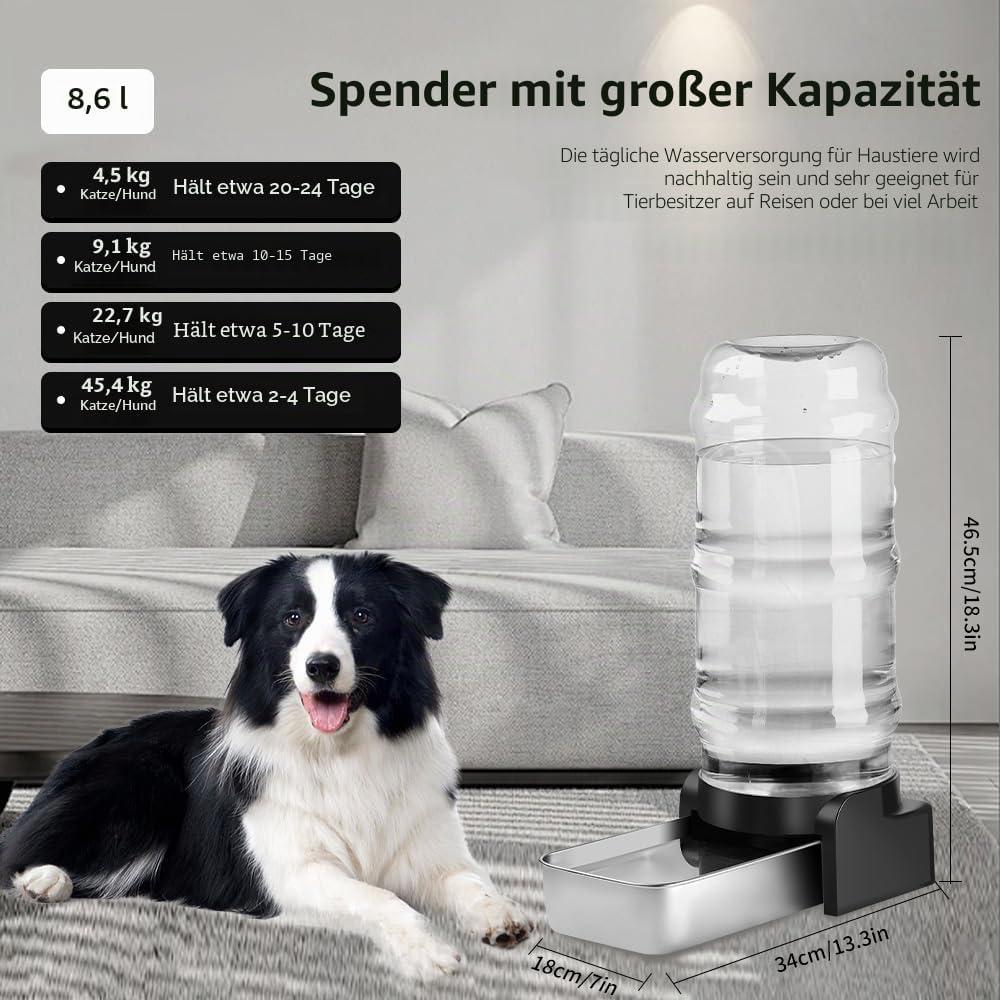 Marchul 8.6L Grosser Hund Wasserspender mit Tischset, Automatischer Wasserspender mit Edelstahl Wass