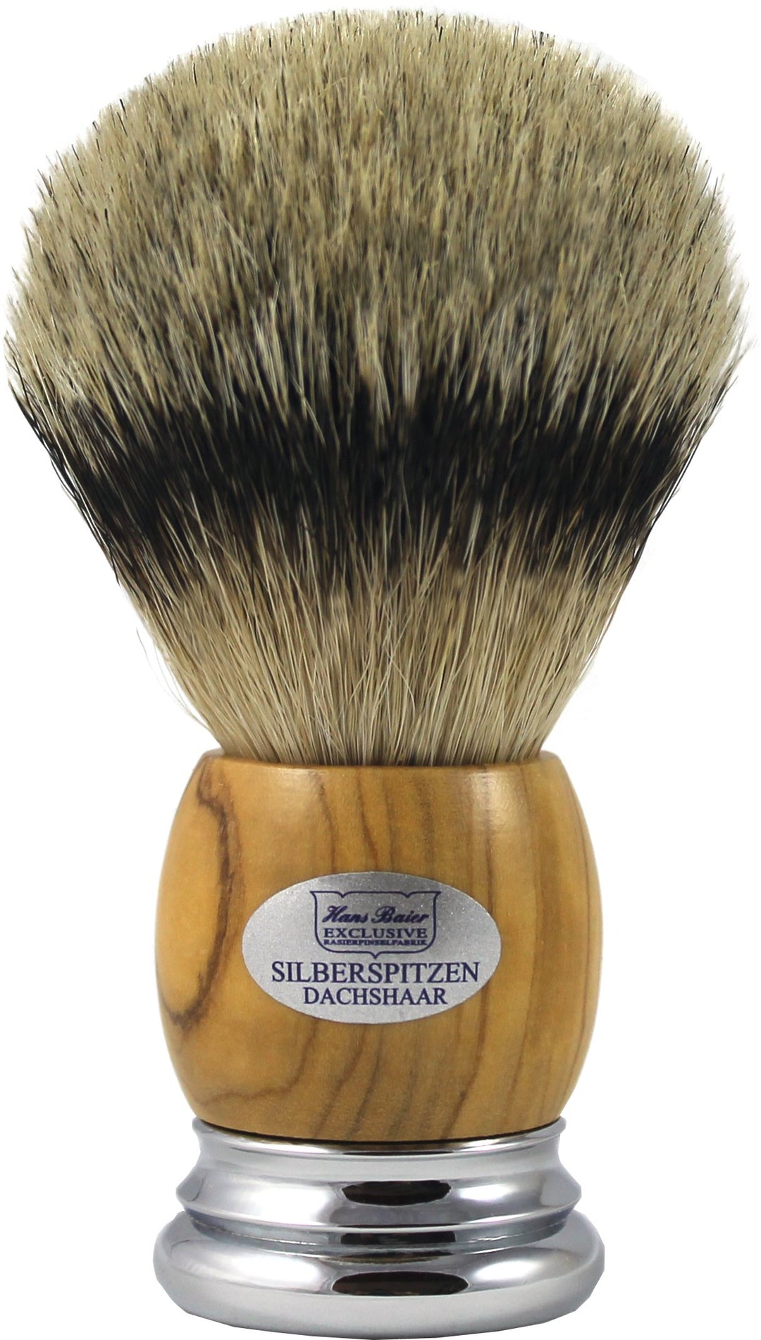 Hans Baier Exclusive Rasierpinsel Silberspitz Dachshaar - Griff Echt Olivenholz Grösse 3, 124 g, 124