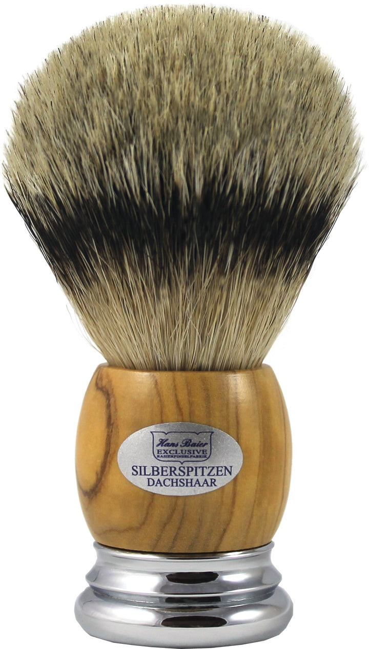 Hans Baier Exclusive Rasierpinsel Silberspitz Dachshaar - Griff Echt Olivenholz Grösse 3, 124 g, 124